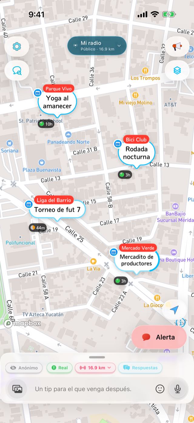 Captura de Liivoo en un iPhone: un mapa con cuatro eventos de ejemplo; cada globo lleva junto a su nombre una cápsula que dice cuánto falta, como 10h, 3h o 44m.