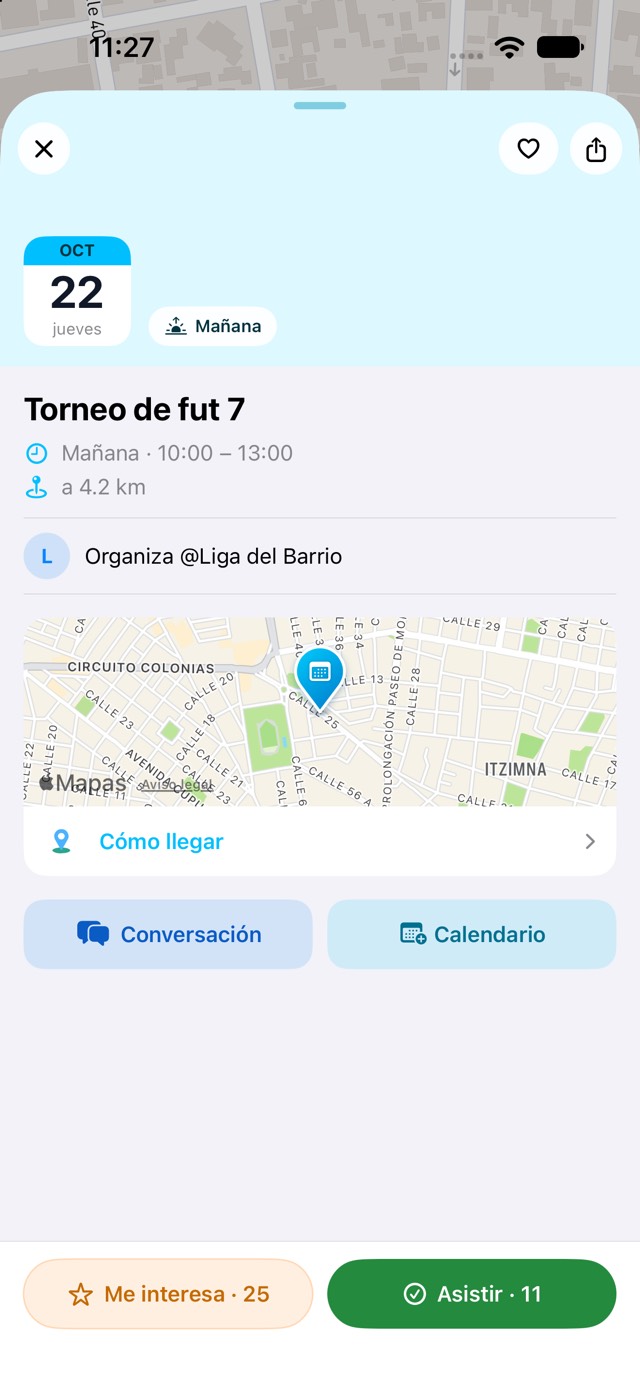 El detalle de un evento en Liivoo: la fecha en un calendario, el título «Torneo de fut 7», el horario, quién organiza, un mapa pequeño con «Cómo llegar» y, abajo, los botones Me interesa y Asistir.